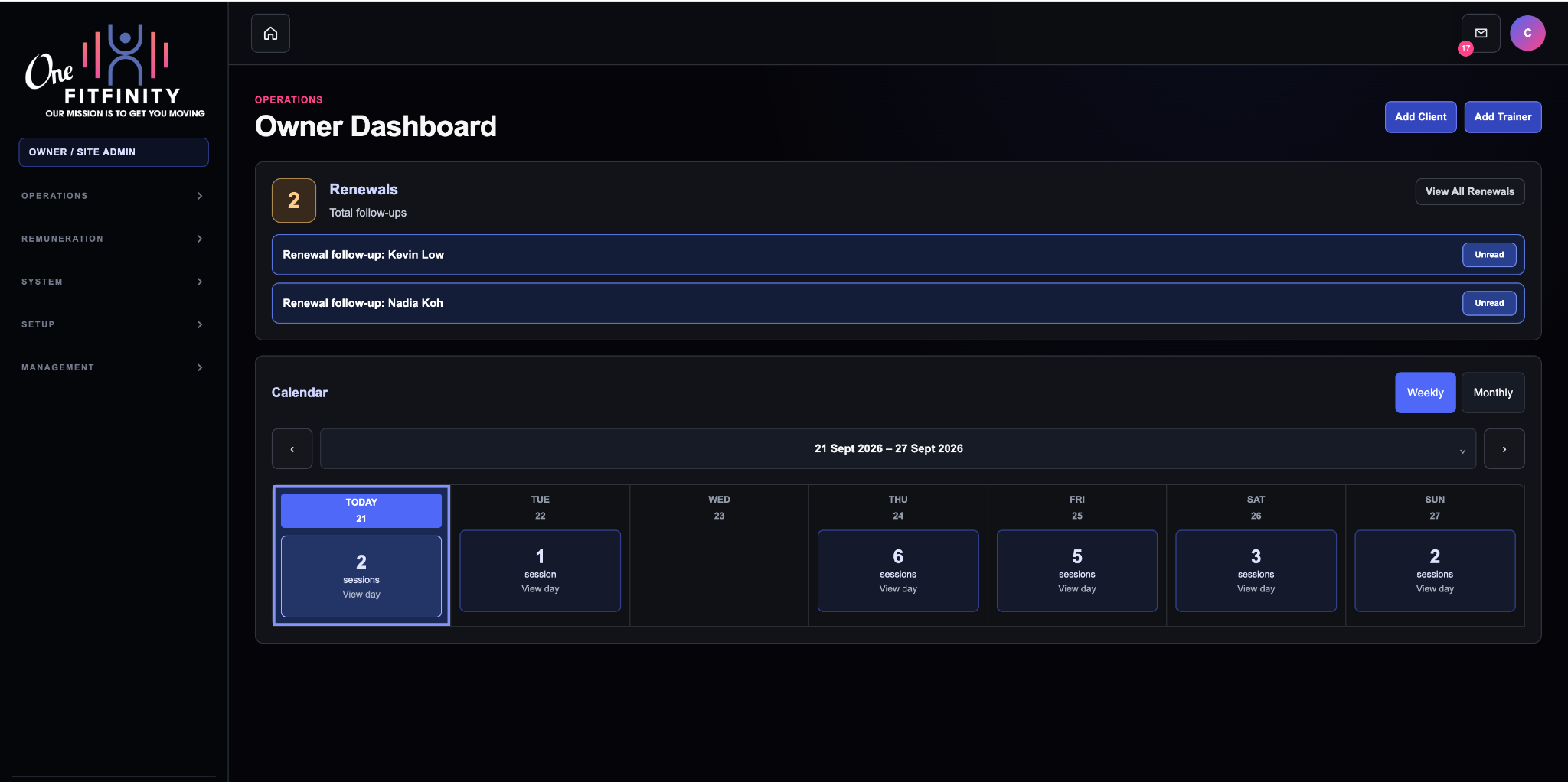 OneFitfinity owner dashboard with renewal follow-ups and the weekly session calendar