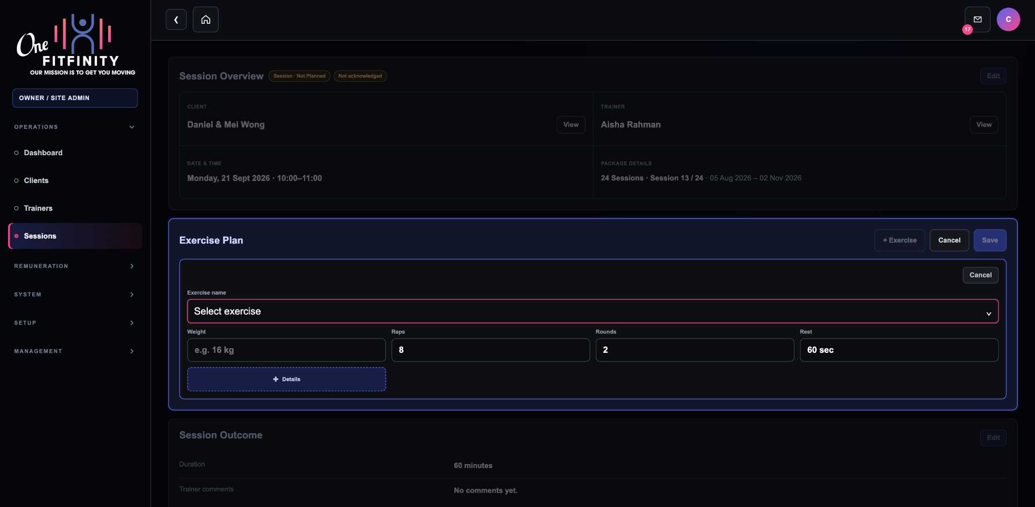 OneFitfinity session workspace showing exercise selection, weight, repetitions, rounds and rest time